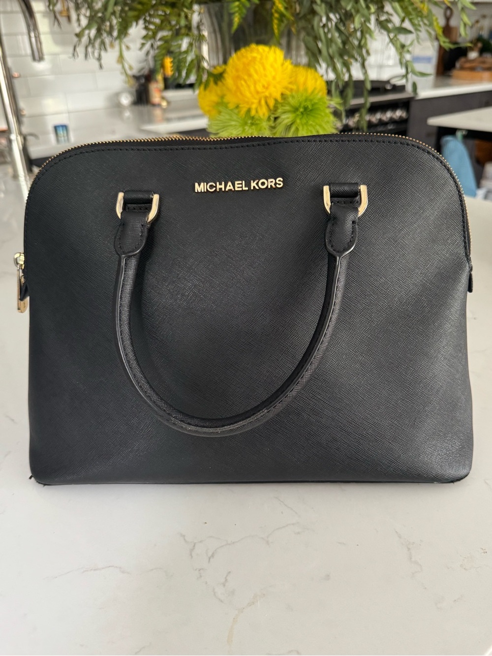 Michael Kors Black Saffiano Leather Satchel with Gold Hardware